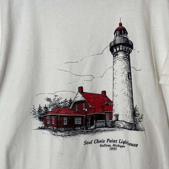 Vintage 90s Oneita Single Stitch Tee L Lighthouse Michigan USA Made - Picture 2 of 8